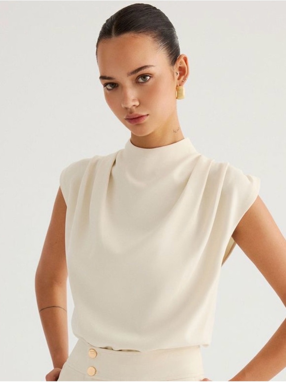 Commense Ivory Mock-Neck Draped Cap-Slee Blouse